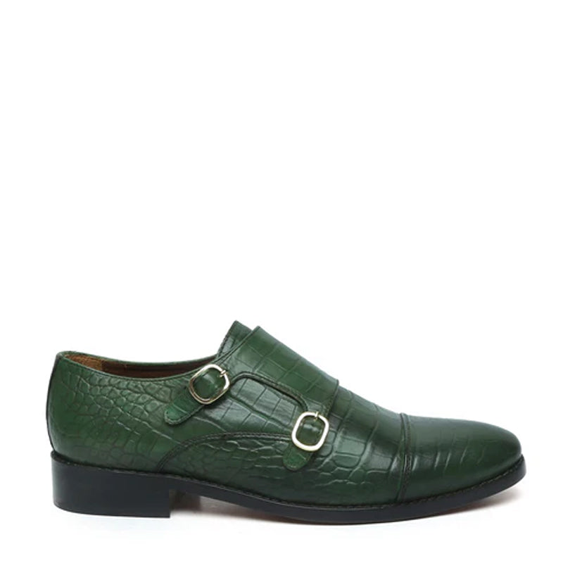 Men Croco Print Leather Double Monk Tan/Brown Shoe