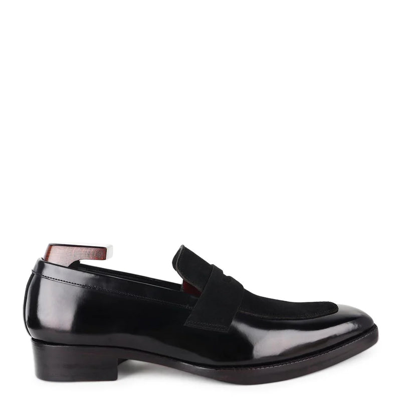 Suede Square Toe Shiny Leather Penny Loafer