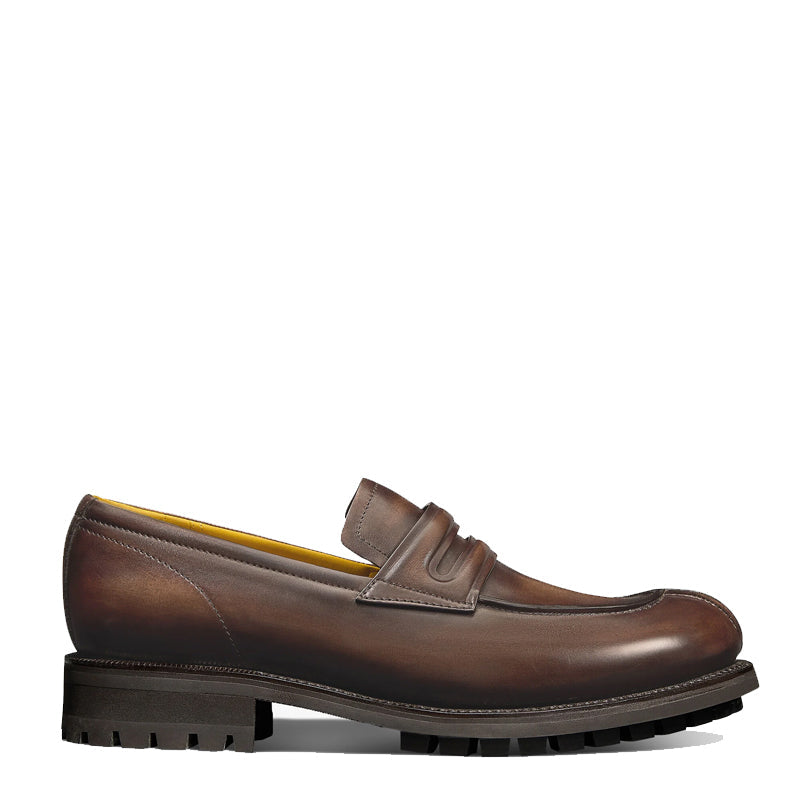 Mens Leather Round Toe Penny Loafer in Chunky Sole