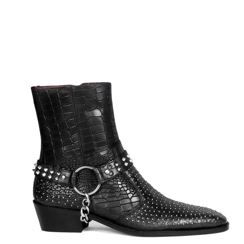 Croco With Silver Studded Buckle Side Zipper Chain Boots