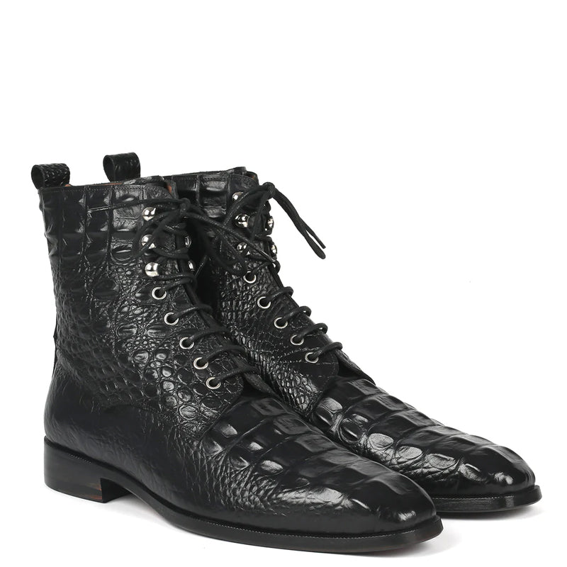 Men Croco Embossed Leather Lace Up Ankle Boots