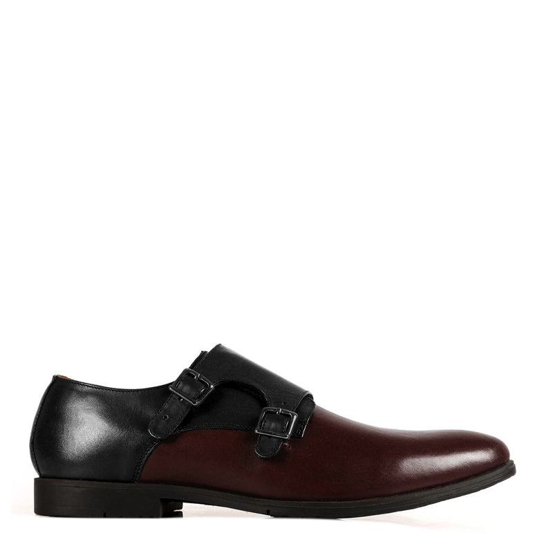 Leather Double Monk Strap Brown and Tan Shoe For Men