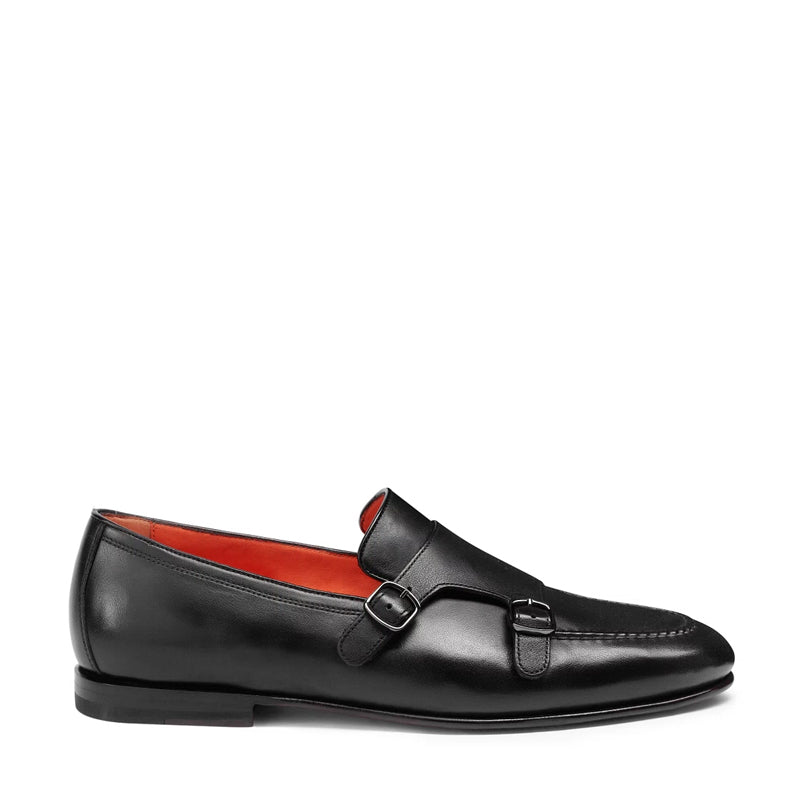 Men Black Polished Double Buckle Leather Loafer