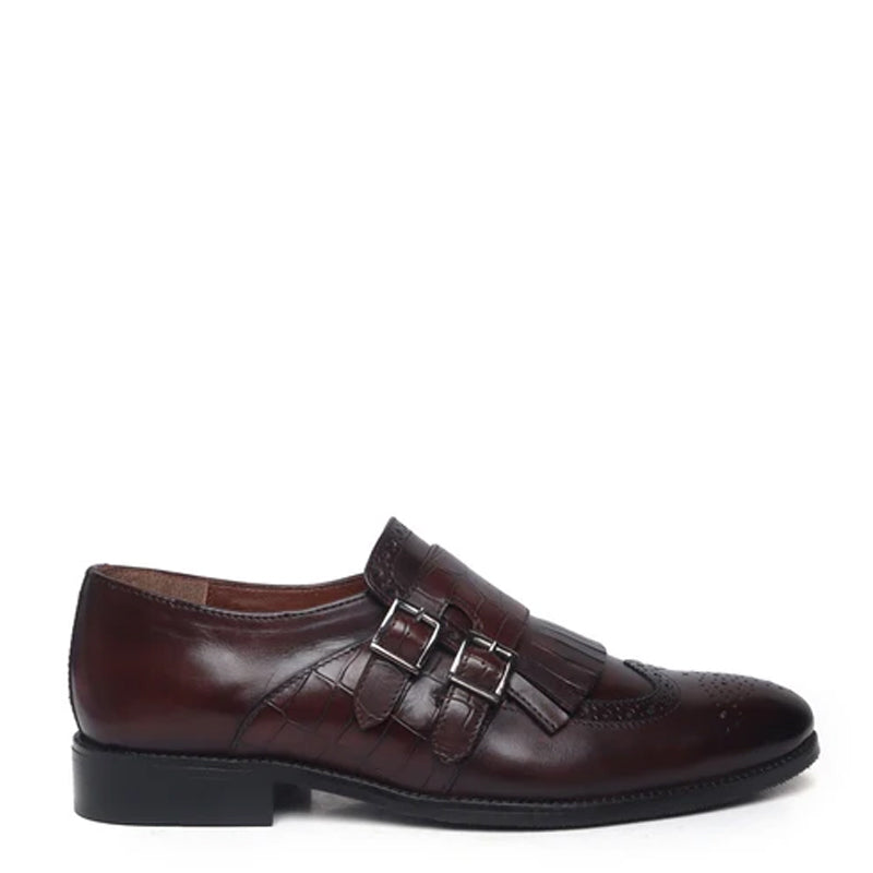 Croco Textured Double Monk Brown Shoe with Fringes