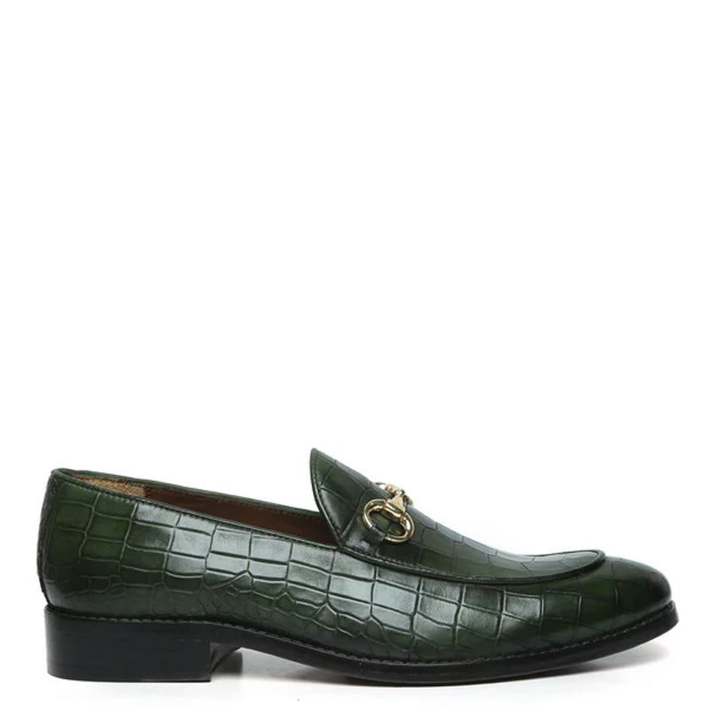 Croco Leather Horse-bit Buckled Green Loafer