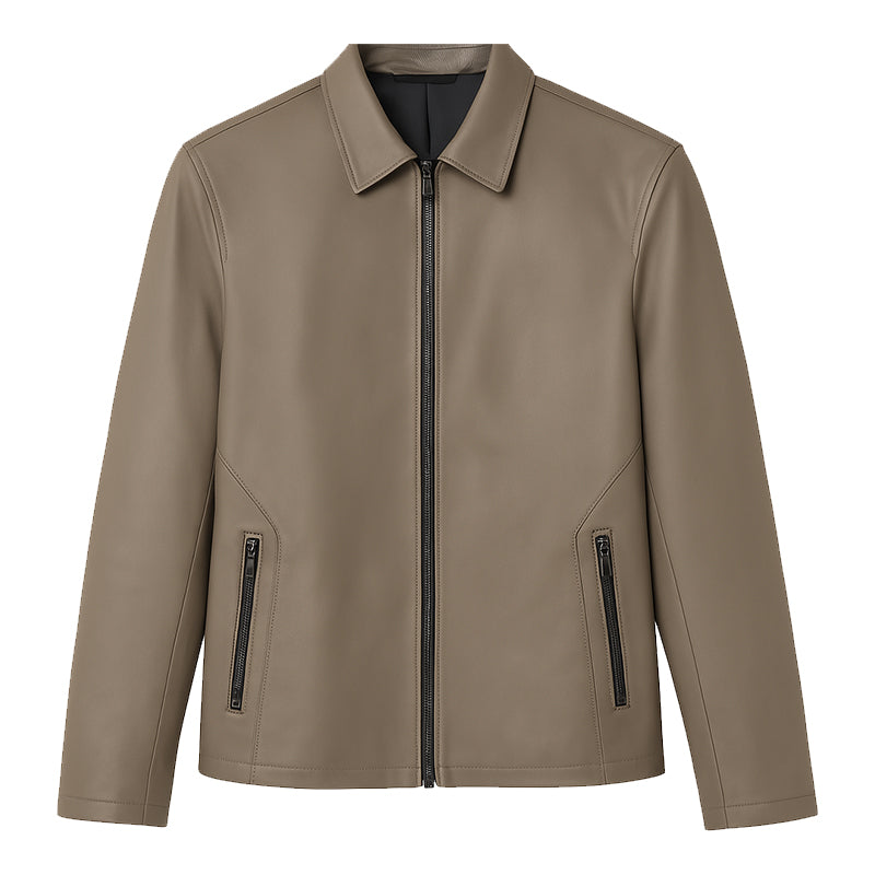 Men's Plain Casual Brown Leather Jacket with Collar