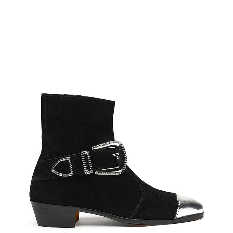 Luxury Suede Stylish Side Zipper Black Boot With Silver Toe Cap