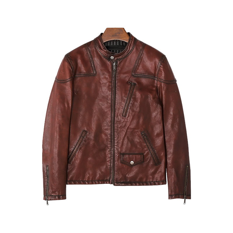 Men’s Zip-Up Vintage Black Biker Jacket with Stand Collar & Pockets