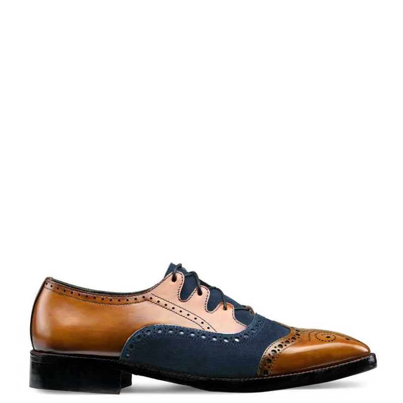 Criss Cross Wingtip Leather Oxford Shoe Tan and Navy