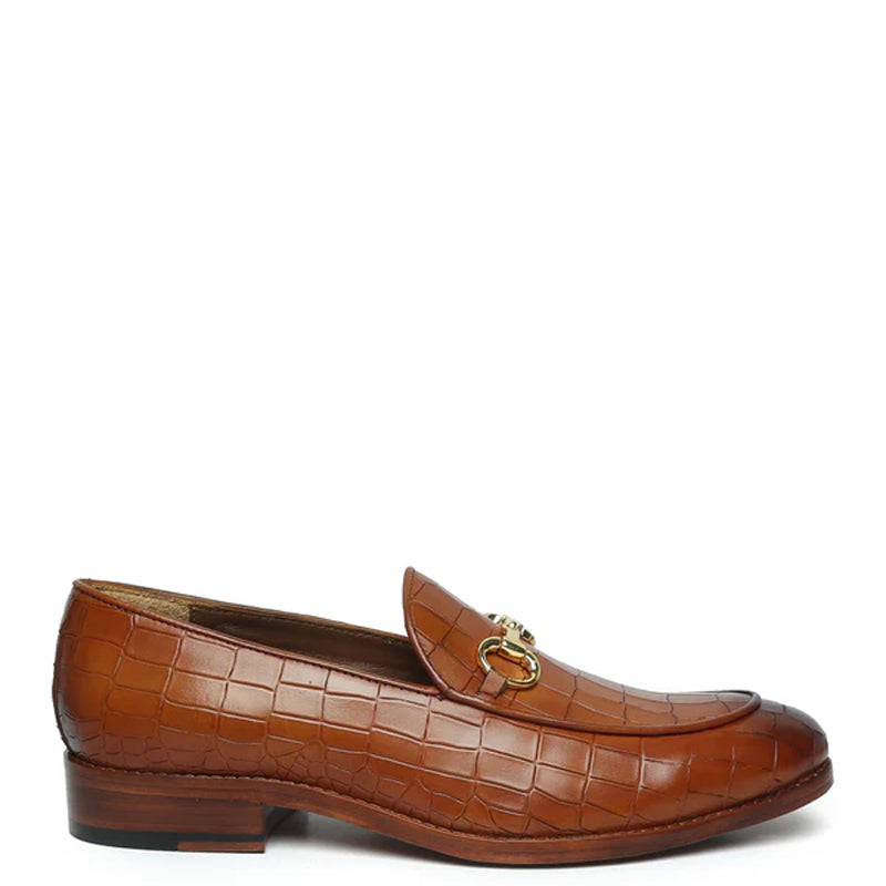 Croco Print Deep Cut Horse-bit Buckled Tan Loafer