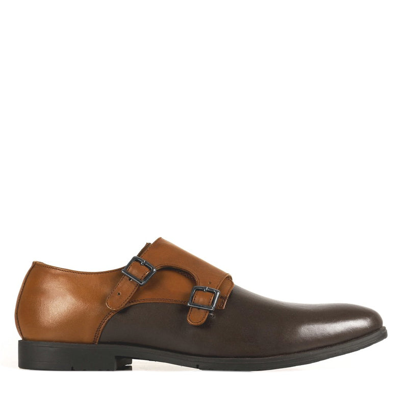 Leather Double Monk Strap Grey and Black Shoe For Men