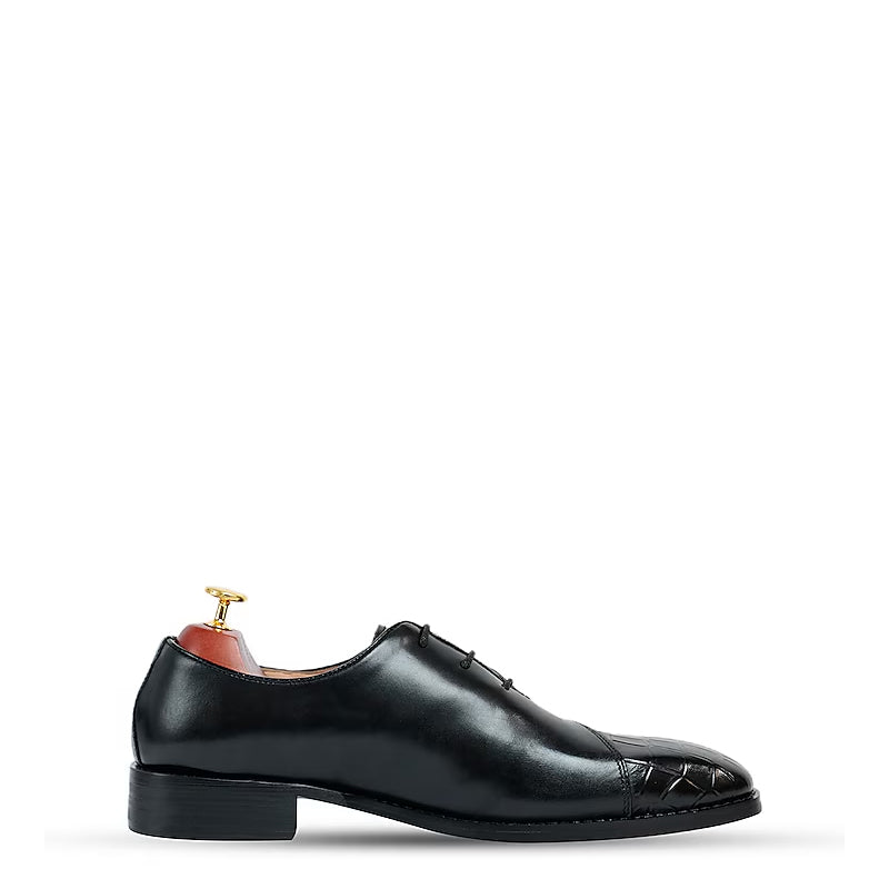 Croco Print Lace Up Wholecut Leather Oxford Shoes