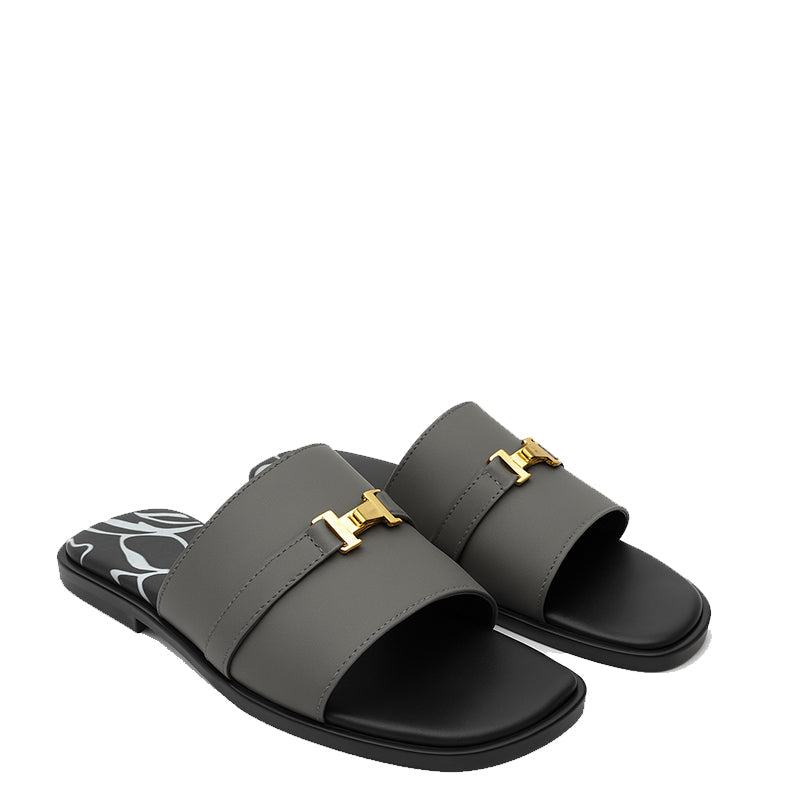 Luxury H Style Buckle Leather Grey Slipper