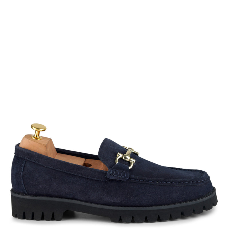 Suede Leather With Horse bit Buckled Blue Loafer