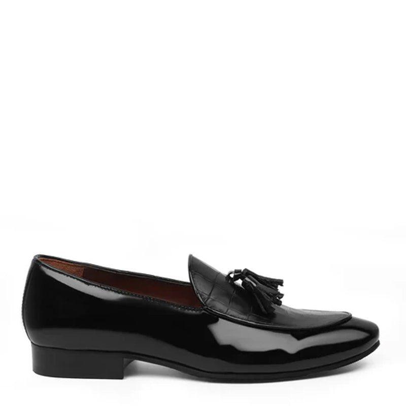 Croco Leather Tassel Black Loafer With Deep Cut