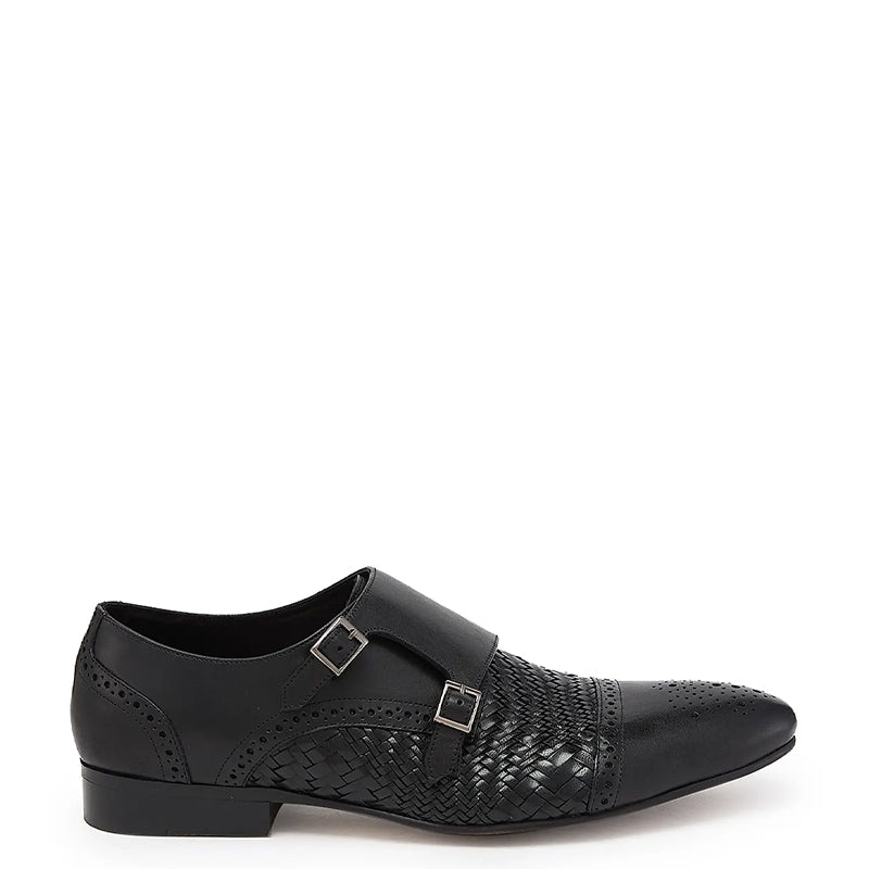 Men Woven Textured Leather Double Monk Shoe