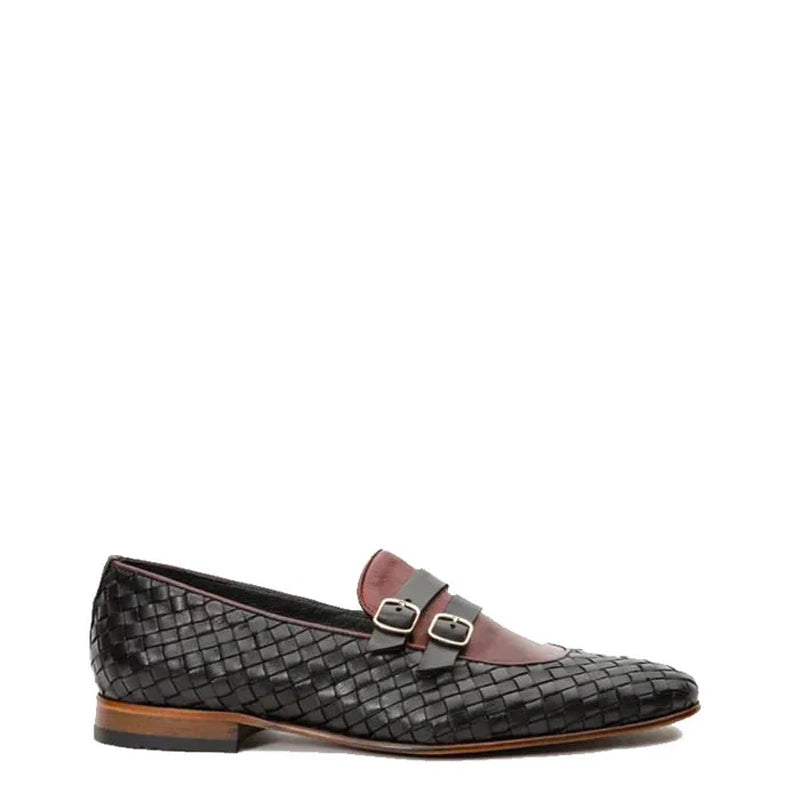 Men Leather Woven Double Monk Strap Black Shoe