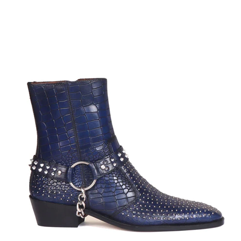 Croco With Silver Studded Buckle Side Zipper Chain Boots