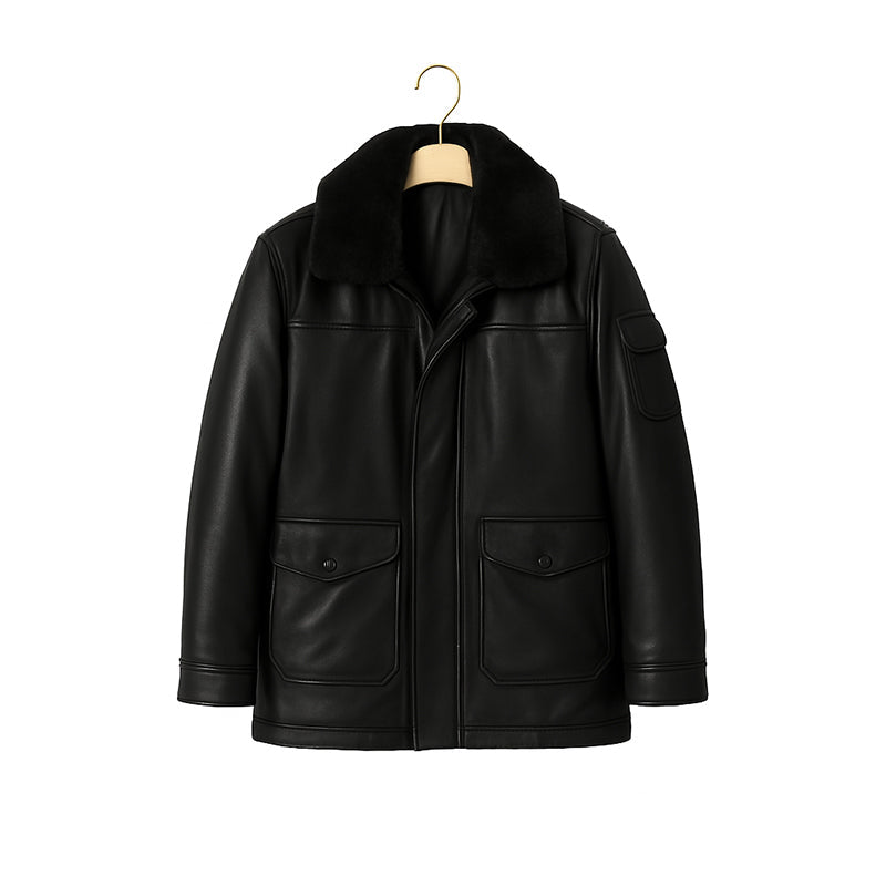 Men's Luxurious Burgundy Front Pocket Jacket with Fur Collar