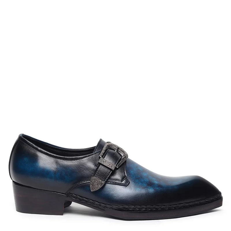 Plain Leather Single Monk Blue Shoe With Side Buckle