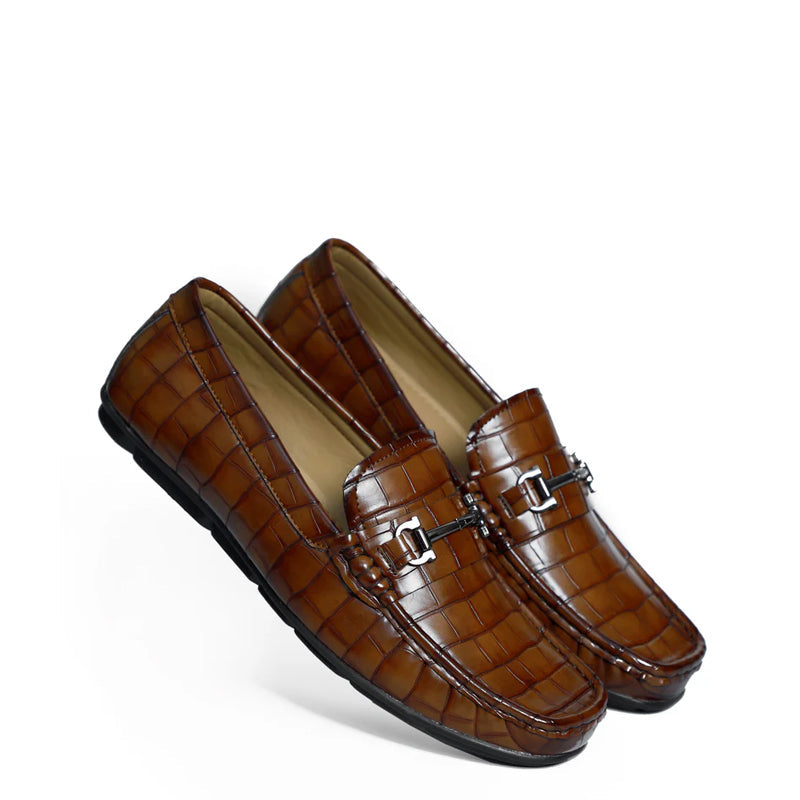 Croco Pattern Leather Horsebit Buckled Black Loafer