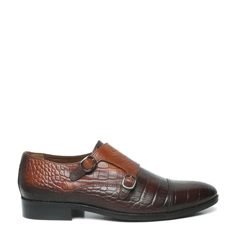 Croco Textured Leather Double Monk Green Shoe