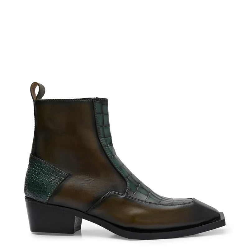 Luxury Croco Textured Leather Side-Zipper Boot Green and