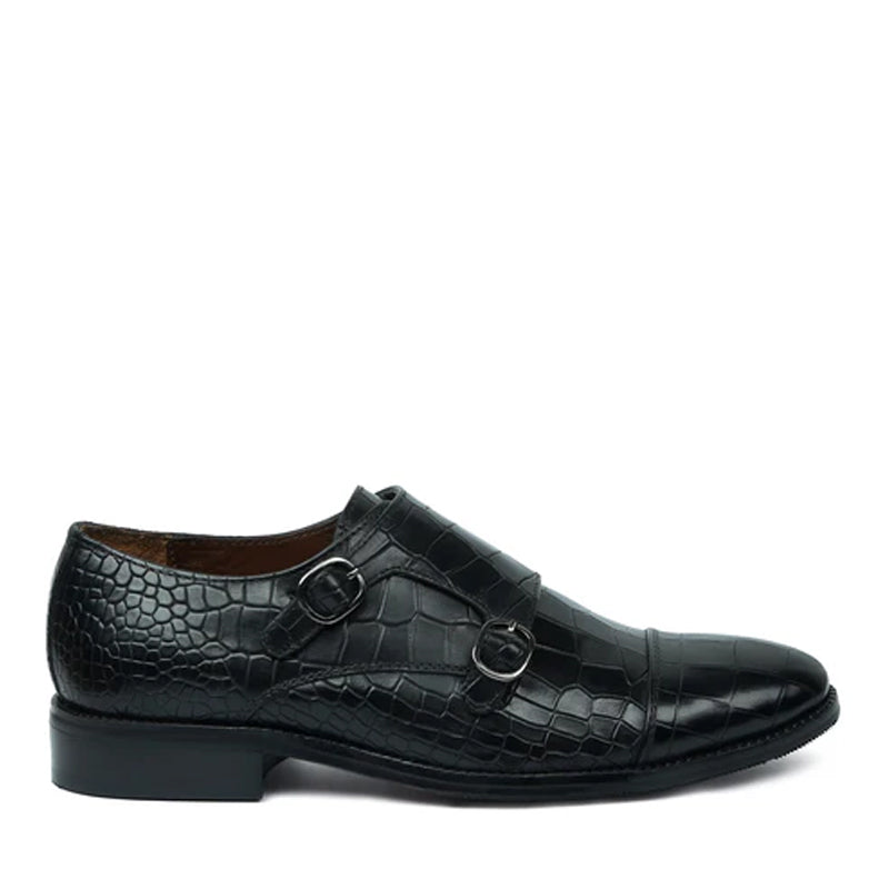 Men Crocodile Leather Double Black Monk Shoe