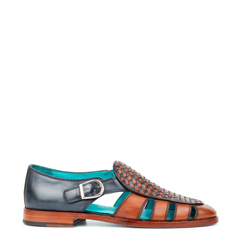 Men Blue Tan Textured Leather Peshawari Comfort Sandal
