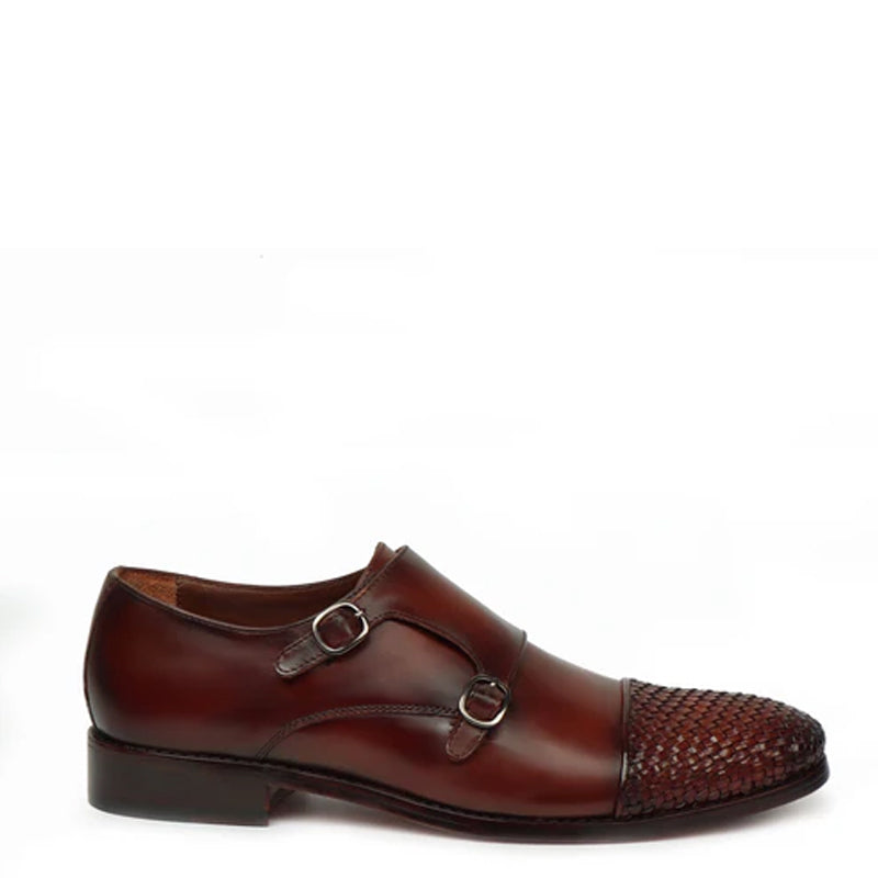 Double Monk Woven Leather Cap-Toe Tan Shoe