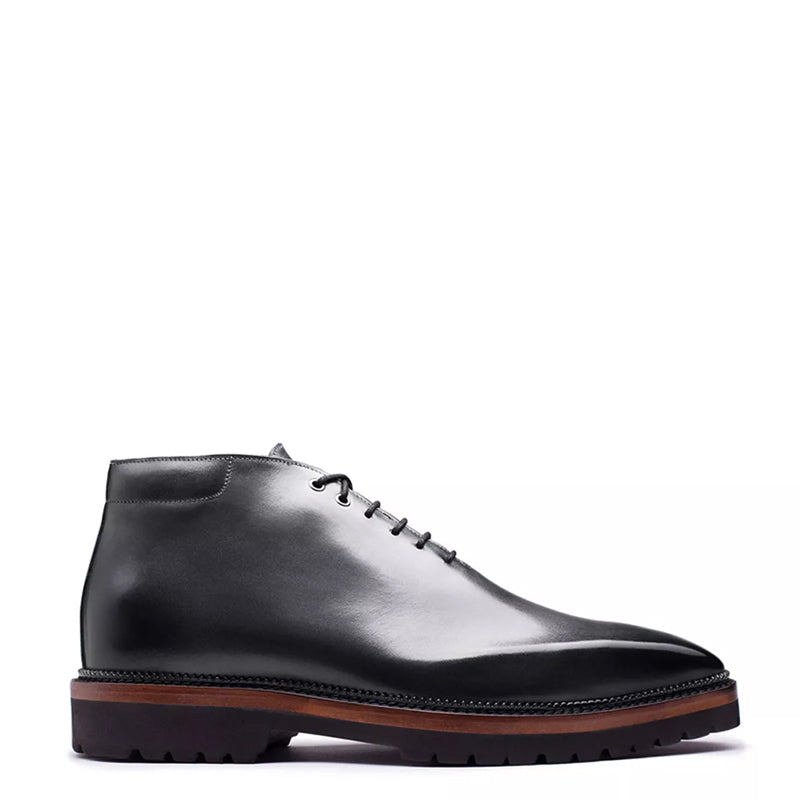 Patina Grey Wholecut Shiny Leather Derby Ankle Boots