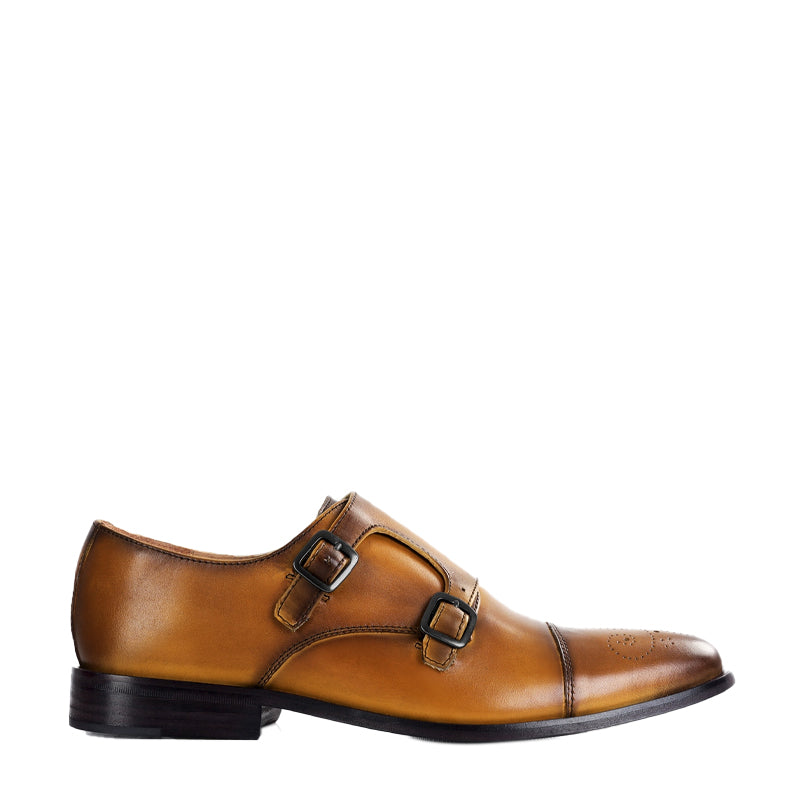 Premium ToeCap Double Monk Strap Tan Leather Shoe