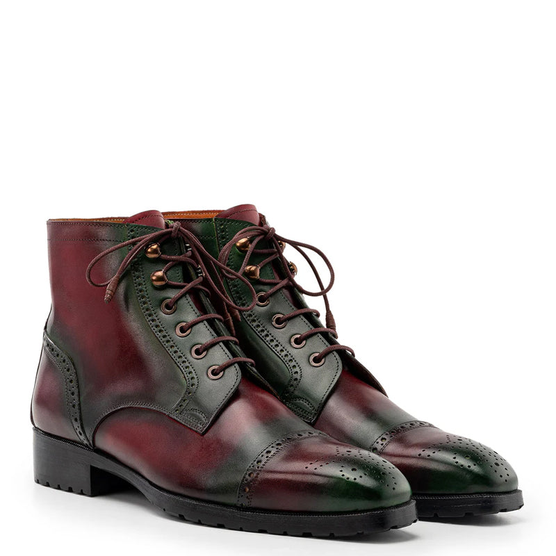 Men Hand Painted Leather Lace Up Cap Toe Boots