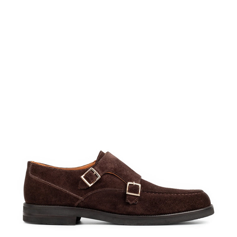 Men Suede Leather Double Monk Straps Black Shoe