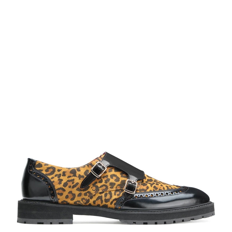 Leapard Printed Leather Double Monk Strap Shoe
