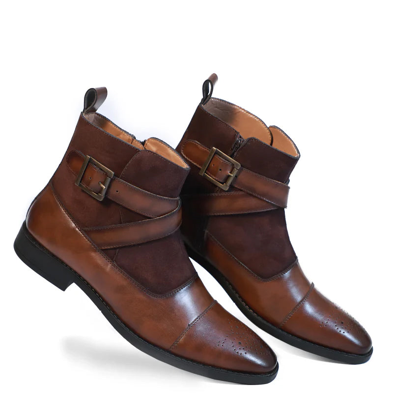Leather Side Zip Up Buckled Ankle Brown Boot