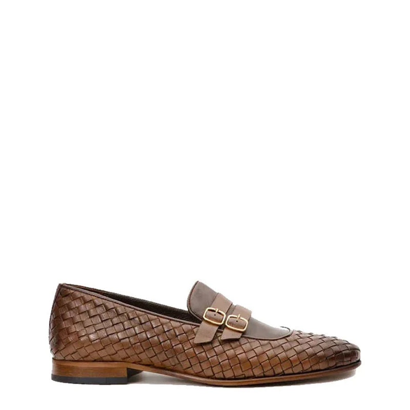 Men Leather Woven Double Monk Strap Brown Shoe