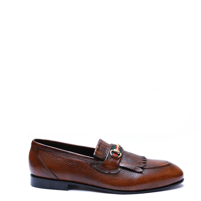 Men Handmade Solid Leather Buckled Tan and Brown Loafer