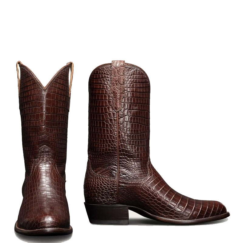 Coffee Crocodile Slip On Zipper Western Cowboy Boot