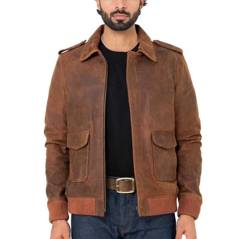 Men Solid Slim Fit Leather Bomber Jacket