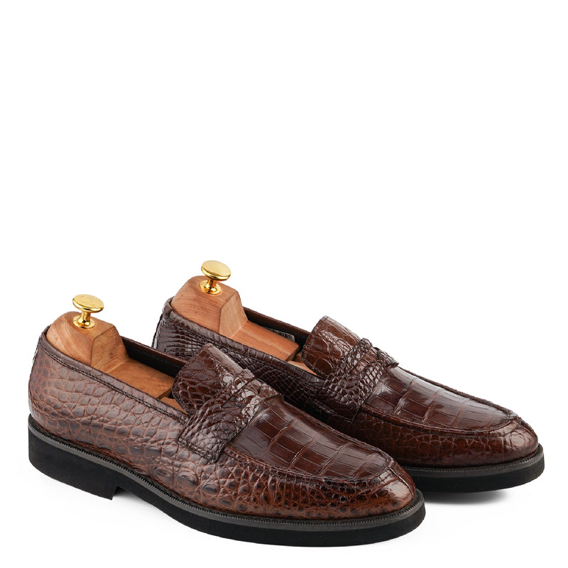Handmade Croco Print Penny Leather Black Loafer