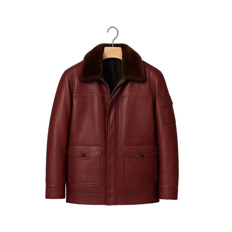 Men's Luxurious Black Front Pocket Jacket with Fur Collar