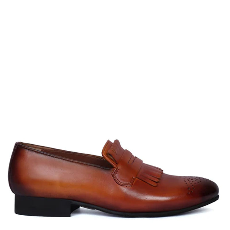 Patent Leather Slip On Tan Shoe With Fringes