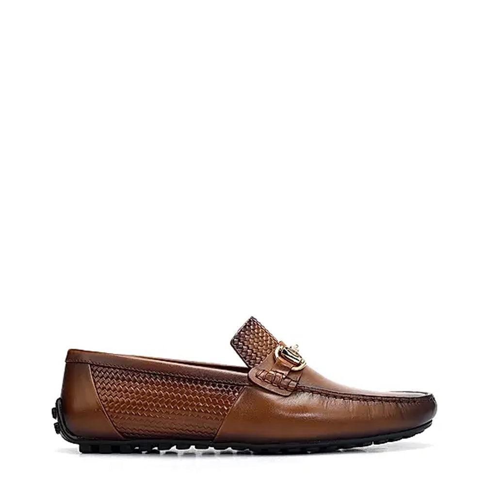 Men Round Toe Leather Moccasins Buckled Tan Loafer