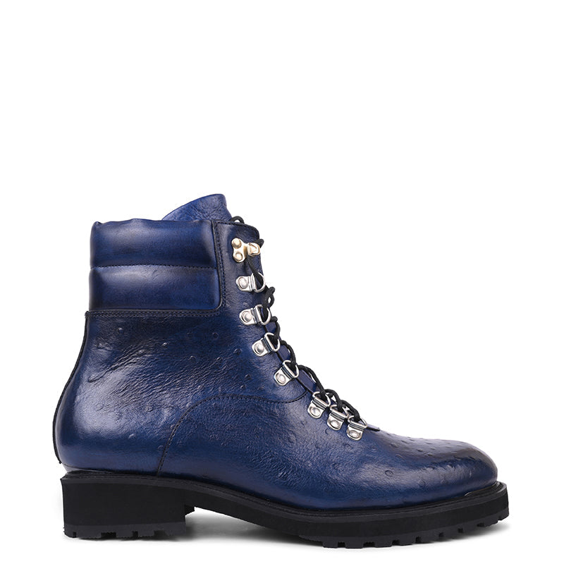 Men Solid Leather Side Zip Biker Ankle Blue Boot