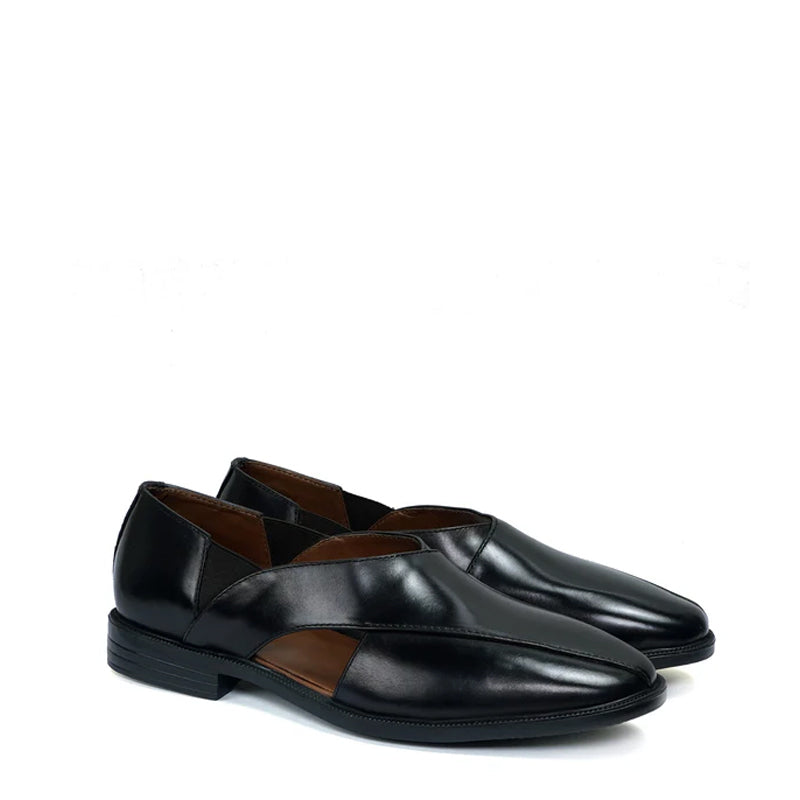 Cross Strap Slip-On Leather Peshawari Black Sandal