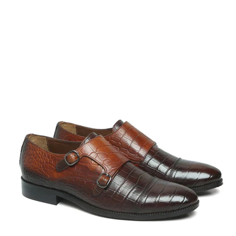 Croco Textured Leather Double Monk Green Shoe