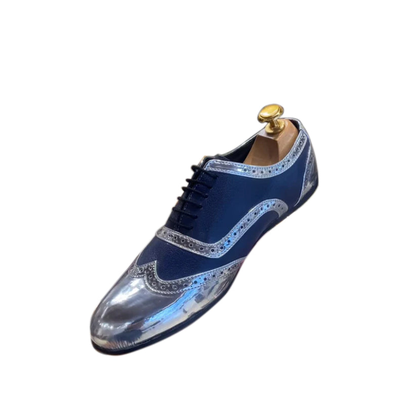 Patent Silver and Blue Moroccan Leather Oxfords Shoes