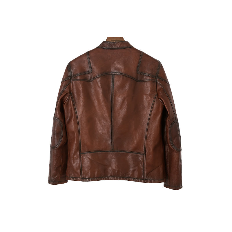 Men’s Zip-Up Vintage Brown Biker Jacket with Stand Collar & Pockets