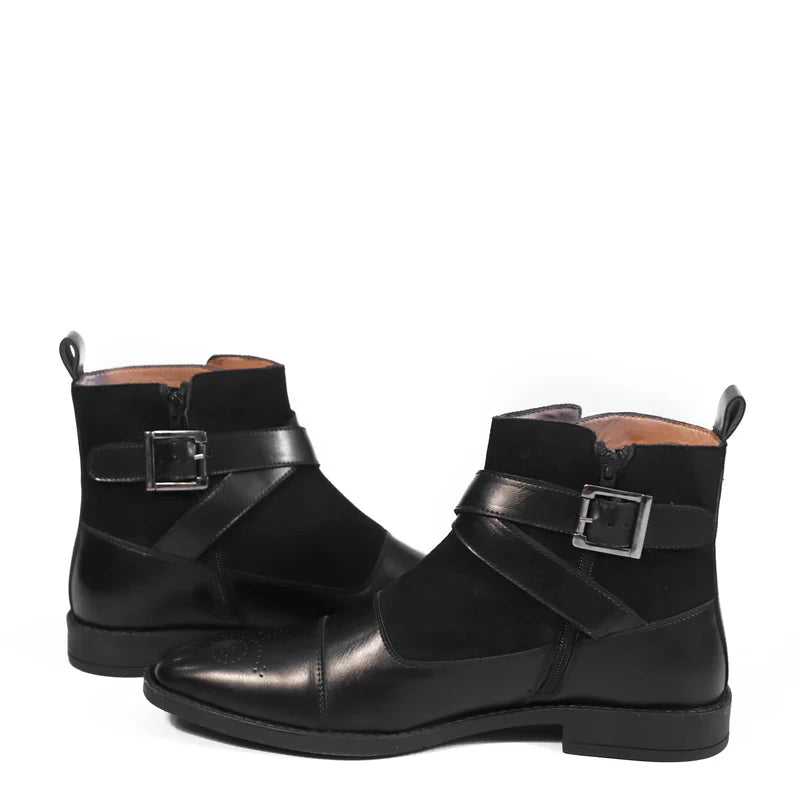 Leather Side Zip-Up Buckled Ankle Brown Boot